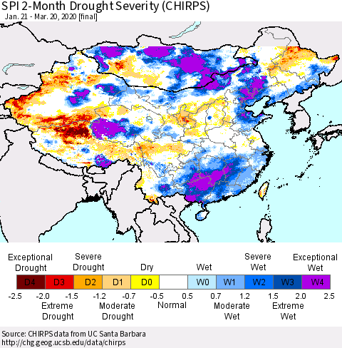 China and Taiwan SPI 2-Month Drought Severity (CHIRPS) Thematic Map For 1/21/2020 - 3/20/2020