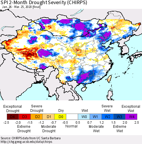 China, Mongolia and Taiwan SPI 2-Month Drought Severity (CHIRPS) Thematic Map For 1/26/2020 - 3/25/2020