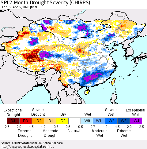 China and Taiwan SPI 2-Month Drought Severity (CHIRPS) Thematic Map For 2/6/2020 - 4/5/2020