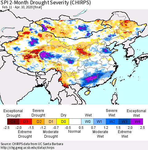 China and Taiwan SPI 2-Month Drought Severity (CHIRPS) Thematic Map For 2/11/2020 - 4/10/2020