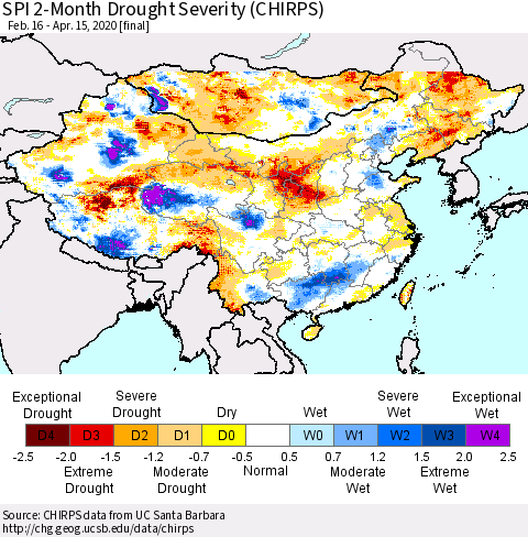 China, Mongolia and Taiwan SPI 2-Month Drought Severity (CHIRPS) Thematic Map For 2/16/2020 - 4/15/2020