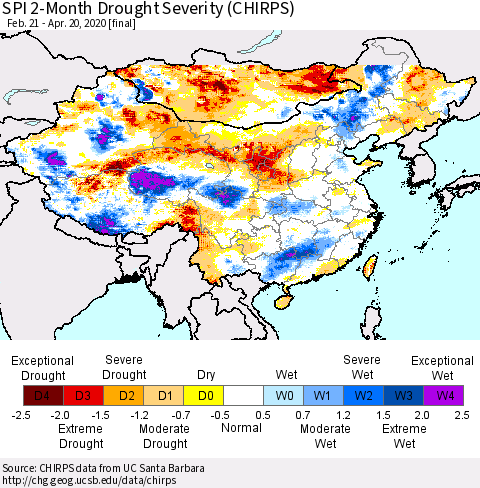 China and Taiwan SPI 2-Month Drought Severity (CHIRPS) Thematic Map For 2/21/2020 - 4/20/2020