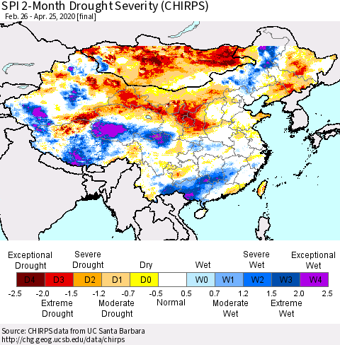 China and Taiwan SPI 2-Month Drought Severity (CHIRPS) Thematic Map For 2/26/2020 - 4/25/2020