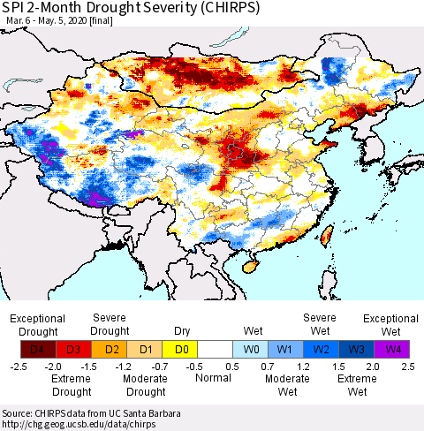 China and Taiwan SPI 2-Month Drought Severity (CHIRPS) Thematic Map For 3/6/2020 - 5/5/2020