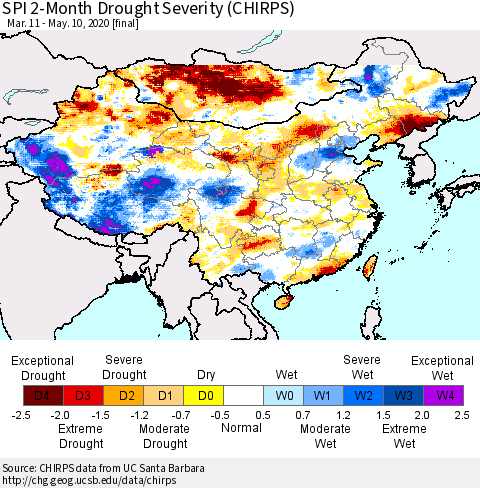 China, Mongolia and Taiwan SPI 2-Month Drought Severity (CHIRPS) Thematic Map For 3/11/2020 - 5/10/2020