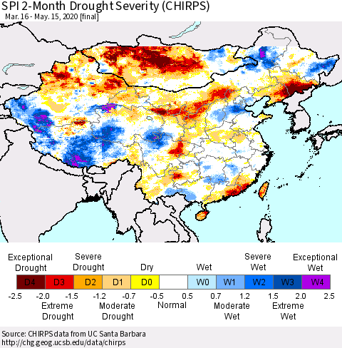 China, Mongolia and Taiwan SPI 2-Month Drought Severity (CHIRPS) Thematic Map For 3/16/2020 - 5/15/2020