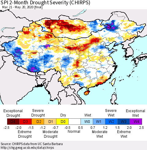 China and Taiwan SPI 2-Month Drought Severity (CHIRPS) Thematic Map For 3/21/2020 - 5/20/2020