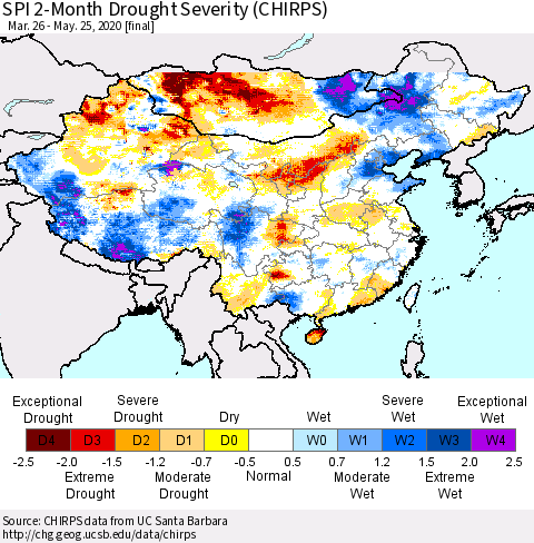 China and Taiwan SPI 2-Month Drought Severity (CHIRPS) Thematic Map For 3/26/2020 - 5/25/2020