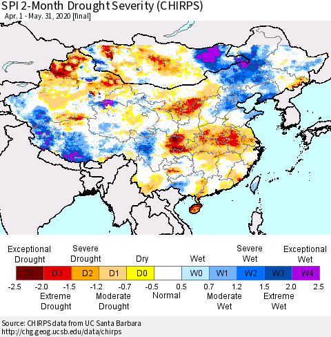 China and Taiwan SPI 2-Month Drought Severity (CHIRPS) Thematic Map For 4/1/2020 - 5/31/2020