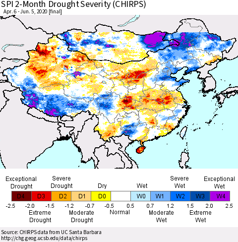 China and Taiwan SPI 2-Month Drought Severity (CHIRPS) Thematic Map For 4/6/2020 - 6/5/2020