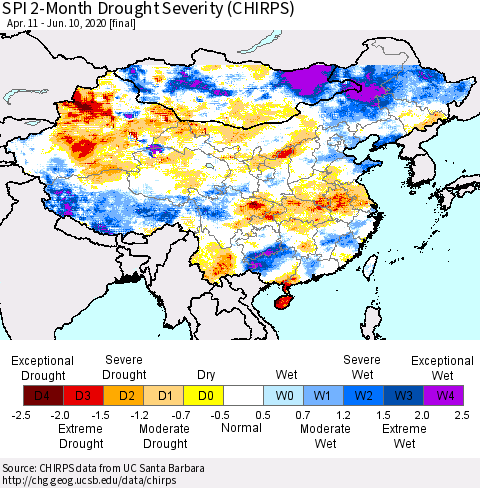 China and Taiwan SPI 2-Month Drought Severity (CHIRPS) Thematic Map For 4/11/2020 - 6/10/2020