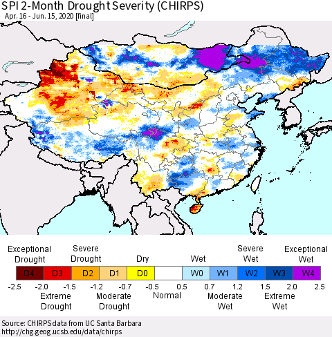 China, Mongolia and Taiwan SPI 2-Month Drought Severity (CHIRPS) Thematic Map For 4/16/2020 - 6/15/2020