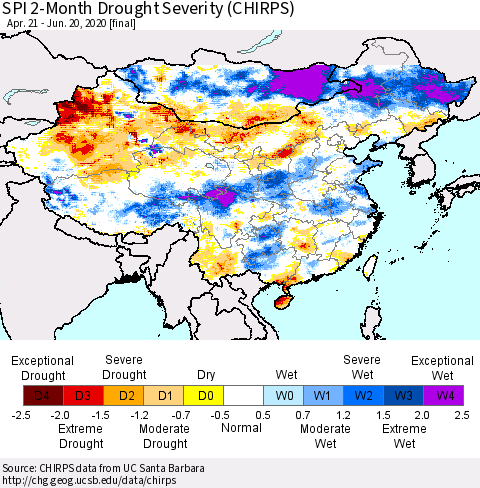 China, Mongolia and Taiwan SPI 2-Month Drought Severity (CHIRPS) Thematic Map For 4/21/2020 - 6/20/2020