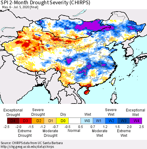 China, Mongolia and Taiwan SPI 2-Month Drought Severity (CHIRPS) Thematic Map For 5/6/2020 - 7/5/2020