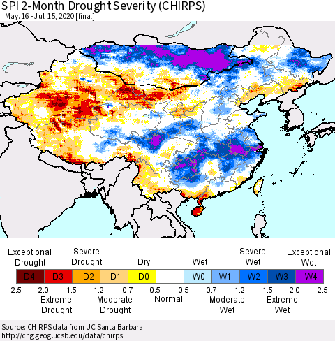 China, Mongolia and Taiwan SPI 2-Month Drought Severity (CHIRPS) Thematic Map For 5/16/2020 - 7/15/2020