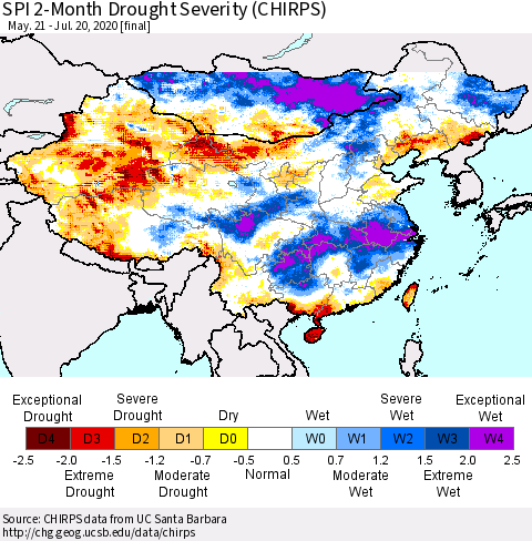 China and Taiwan SPI 2-Month Drought Severity (CHIRPS) Thematic Map For 5/21/2020 - 7/20/2020