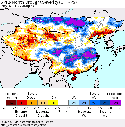 China and Taiwan SPI 2-Month Drought Severity (CHIRPS) Thematic Map For 5/26/2020 - 7/25/2020