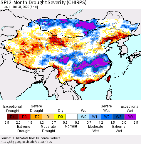 China, Mongolia and Taiwan SPI 2-Month Drought Severity (CHIRPS) Thematic Map For 6/1/2020 - 7/31/2020