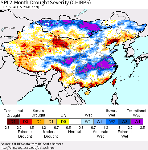 China and Taiwan SPI 2-Month Drought Severity (CHIRPS) Thematic Map For 6/6/2020 - 8/5/2020