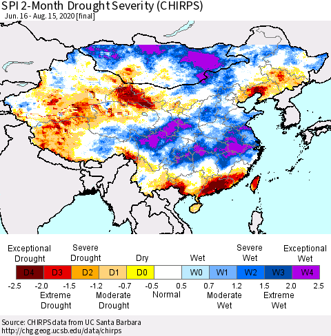 China, Mongolia and Taiwan SPI 2-Month Drought Severity (CHIRPS) Thematic Map For 6/16/2020 - 8/15/2020