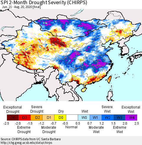 China and Taiwan SPI 2-Month Drought Severity (CHIRPS) Thematic Map For 6/21/2020 - 8/20/2020