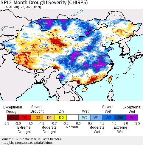 China and Taiwan SPI 2-Month Drought Severity (CHIRPS) Thematic Map For 6/26/2020 - 8/25/2020