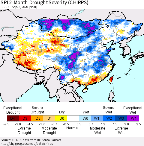 China, Mongolia and Taiwan SPI 2-Month Drought Severity (CHIRPS) Thematic Map For 7/6/2020 - 9/5/2020