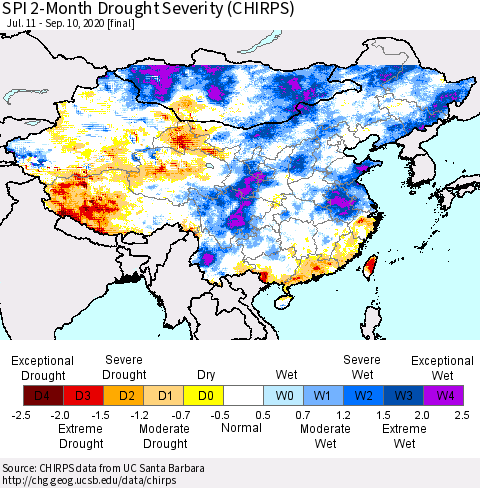 China, Mongolia and Taiwan SPI 2-Month Drought Severity (CHIRPS) Thematic Map For 7/11/2020 - 9/10/2020