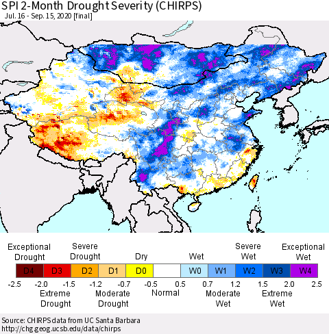 China, Mongolia and Taiwan SPI 2-Month Drought Severity (CHIRPS) Thematic Map For 7/16/2020 - 9/15/2020
