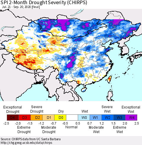 China, Mongolia and Taiwan SPI 2-Month Drought Severity (CHIRPS) Thematic Map For 7/21/2020 - 9/20/2020