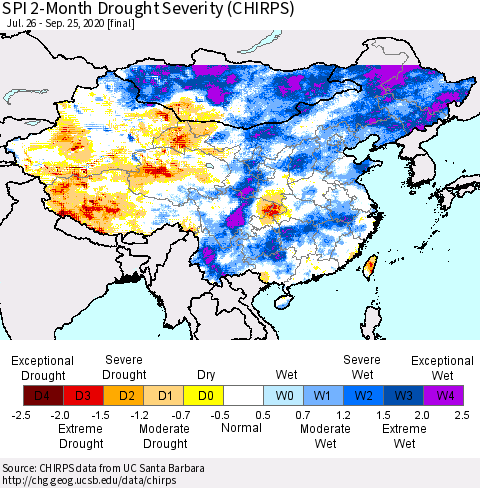 China, Mongolia and Taiwan SPI 2-Month Drought Severity (CHIRPS) Thematic Map For 7/26/2020 - 9/25/2020