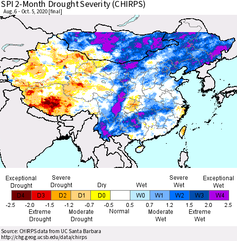 China, Mongolia and Taiwan SPI 2-Month Drought Severity (CHIRPS) Thematic Map For 8/6/2020 - 10/5/2020