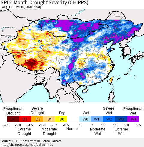 China, Mongolia and Taiwan SPI 2-Month Drought Severity (CHIRPS) Thematic Map For 8/11/2020 - 10/10/2020