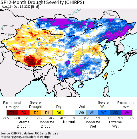China, Mongolia and Taiwan SPI 2-Month Drought Severity (CHIRPS) Thematic Map For 8/16/2020 - 10/15/2020