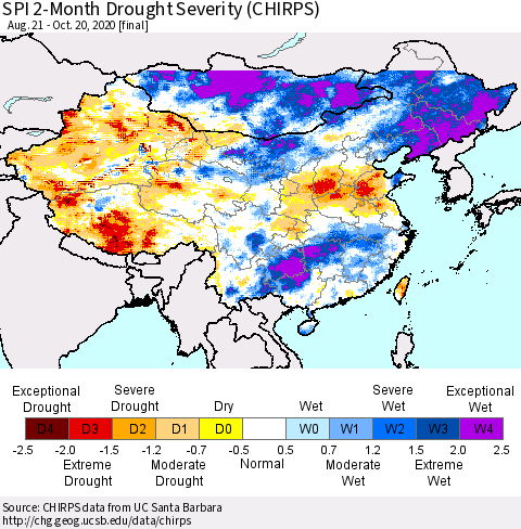 China, Mongolia and Taiwan SPI 2-Month Drought Severity (CHIRPS) Thematic Map For 8/21/2020 - 10/20/2020