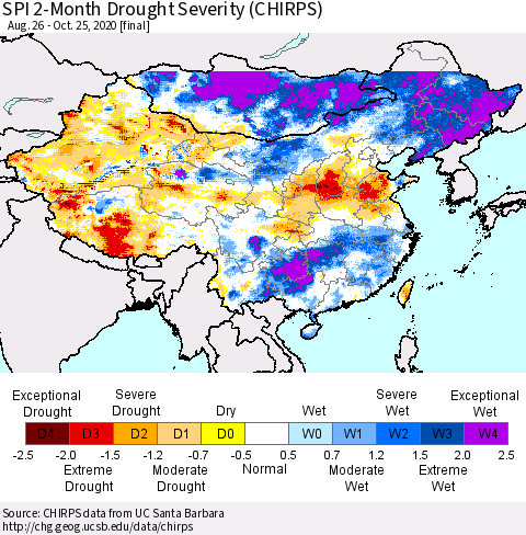 China, Mongolia and Taiwan SPI 2-Month Drought Severity (CHIRPS) Thematic Map For 8/26/2020 - 10/25/2020