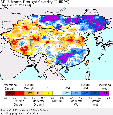 China, Mongolia and Taiwan SPI 2-Month Drought Severity (CHIRPS) Thematic Map For 9/1/2020 - 10/31/2020