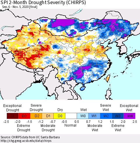 China, Mongolia and Taiwan SPI 2-Month Drought Severity (CHIRPS) Thematic Map For 9/6/2020 - 11/5/2020