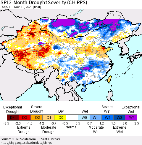 China, Mongolia and Taiwan SPI 2-Month Drought Severity (CHIRPS) Thematic Map For 9/11/2020 - 11/10/2020
