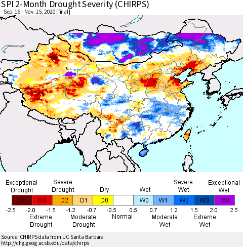China, Mongolia and Taiwan SPI 2-Month Drought Severity (CHIRPS) Thematic Map For 9/16/2020 - 11/15/2020