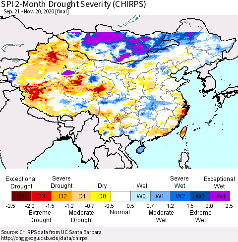 China, Mongolia and Taiwan SPI 2-Month Drought Severity (CHIRPS) Thematic Map For 9/21/2020 - 11/20/2020