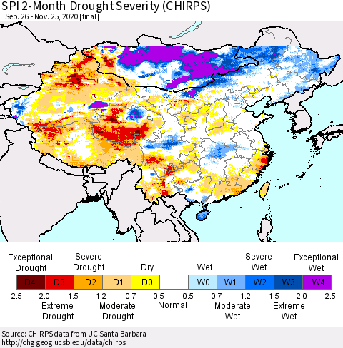 China, Mongolia and Taiwan SPI 2-Month Drought Severity (CHIRPS) Thematic Map For 9/26/2020 - 11/25/2020