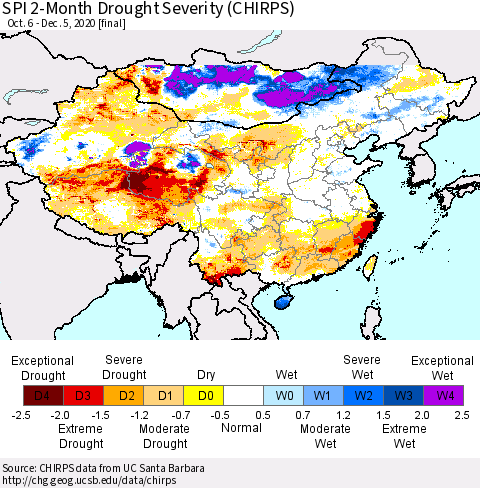 China, Mongolia and Taiwan SPI 2-Month Drought Severity (CHIRPS) Thematic Map For 10/6/2020 - 12/5/2020