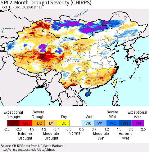 China, Mongolia and Taiwan SPI 2-Month Drought Severity (CHIRPS) Thematic Map For 10/11/2020 - 12/10/2020