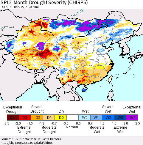 China, Mongolia and Taiwan SPI 2-Month Drought Severity (CHIRPS) Thematic Map For 10/16/2020 - 12/15/2020
