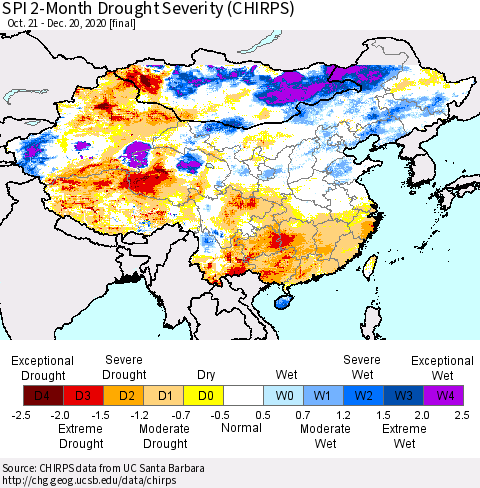 China, Mongolia and Taiwan SPI 2-Month Drought Severity (CHIRPS) Thematic Map For 10/21/2020 - 12/20/2020
