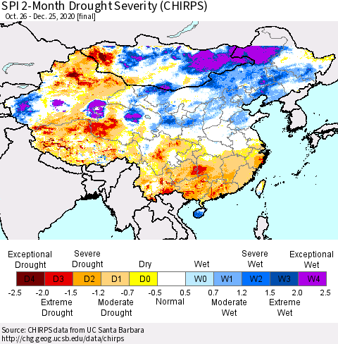 China, Mongolia and Taiwan SPI 2-Month Drought Severity (CHIRPS) Thematic Map For 10/26/2020 - 12/25/2020