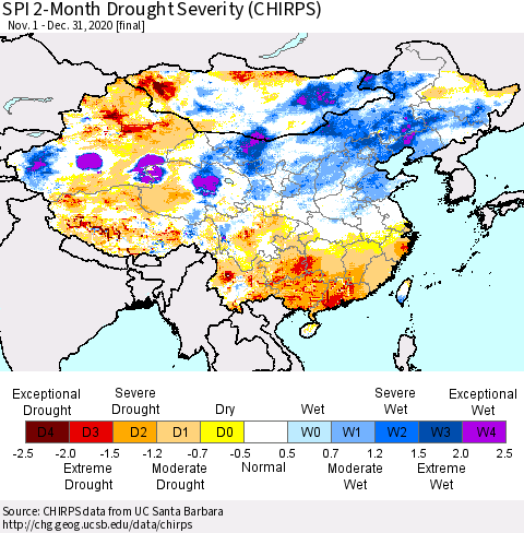China, Mongolia and Taiwan SPI 2-Month Drought Severity (CHIRPS) Thematic Map For 11/1/2020 - 12/31/2020