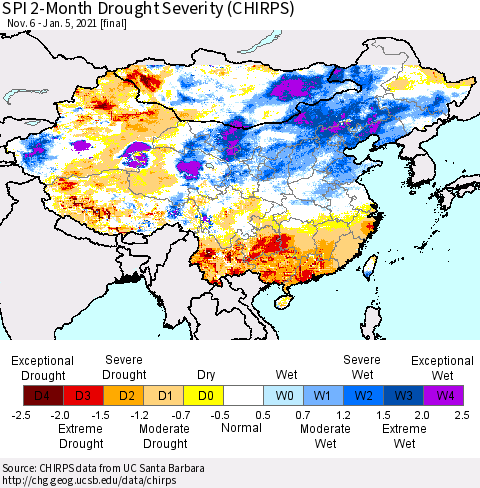 China, Mongolia and Taiwan SPI 2-Month Drought Severity (CHIRPS) Thematic Map For 11/6/2020 - 1/5/2021
