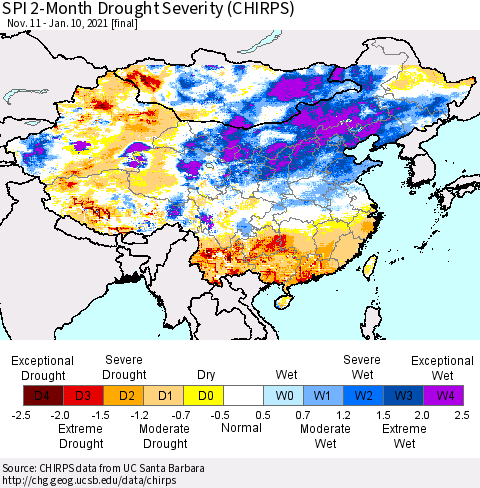 China, Mongolia and Taiwan SPI 2-Month Drought Severity (CHIRPS) Thematic Map For 11/11/2020 - 1/10/2021